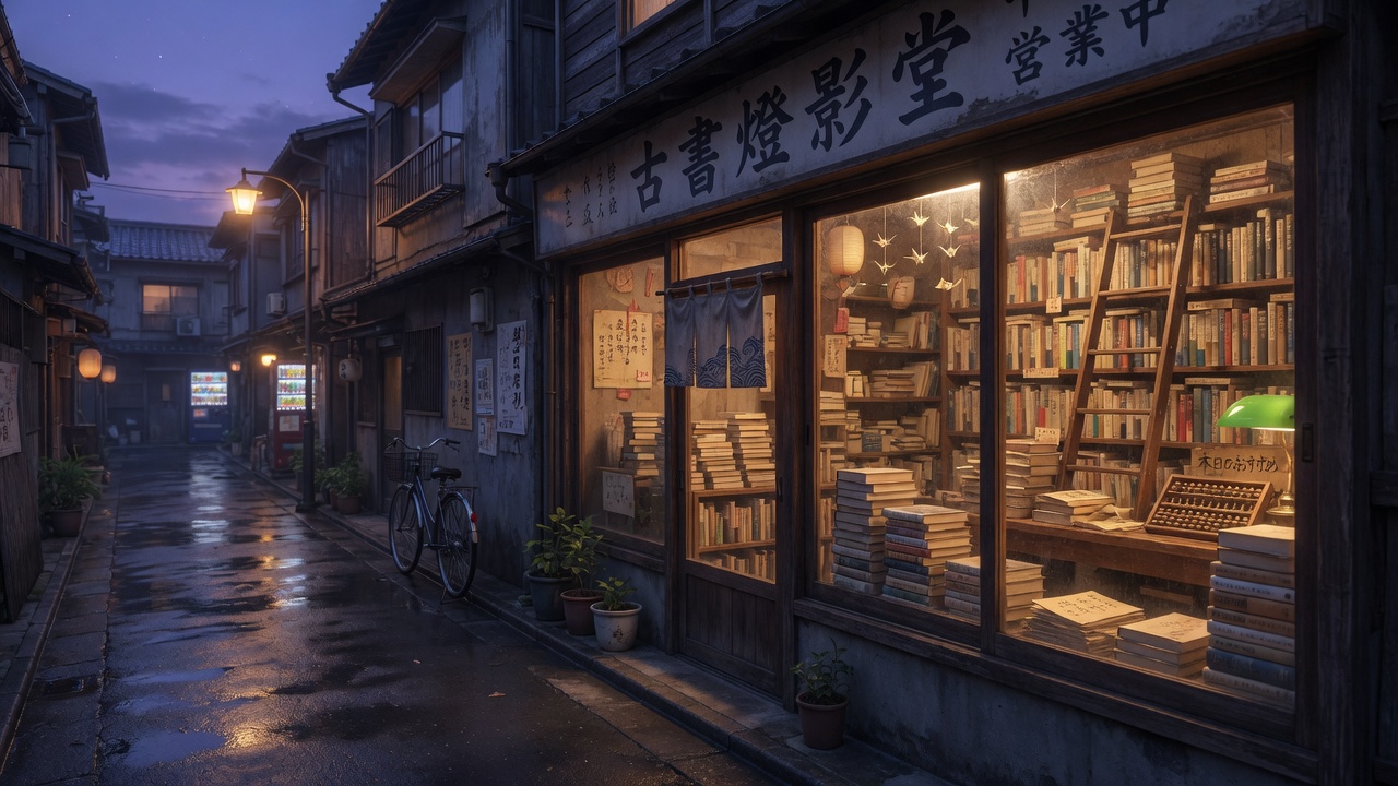A cozy bookshop storefront on a narrow Tokyo side street at late evening, warm light in the windows.